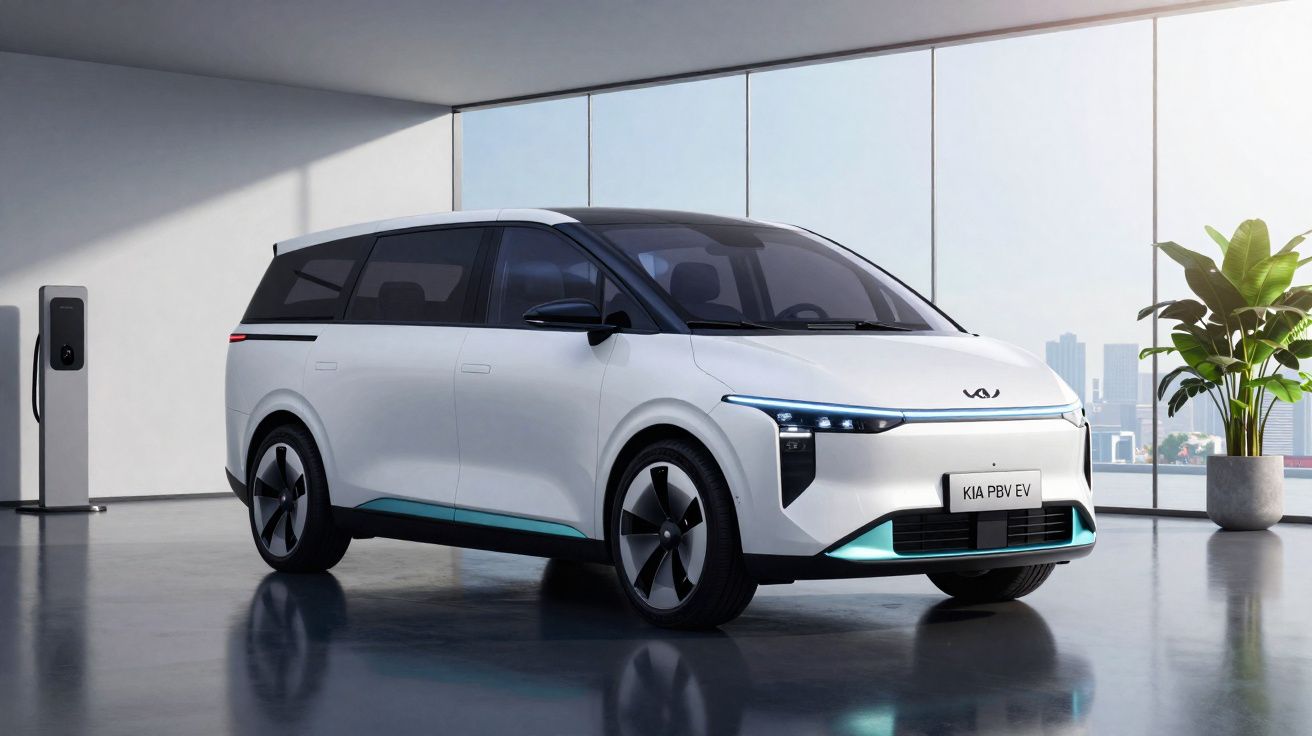 Minivan elétrica branca Kia PBV EV em ambiente interno com planta e carregador ao fundo.