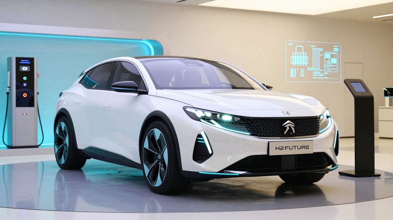 Carro elétrico branco Peugeot H2 Future exposto em ambiente moderno e futurista com carregador ao fundo.