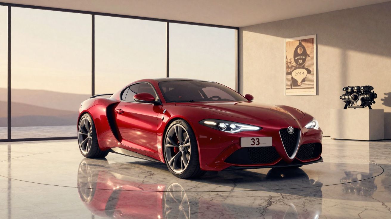 Carro esportivo vermelho Alfa Romeo estacionado em ambiente interno moderno com piso de mármore.