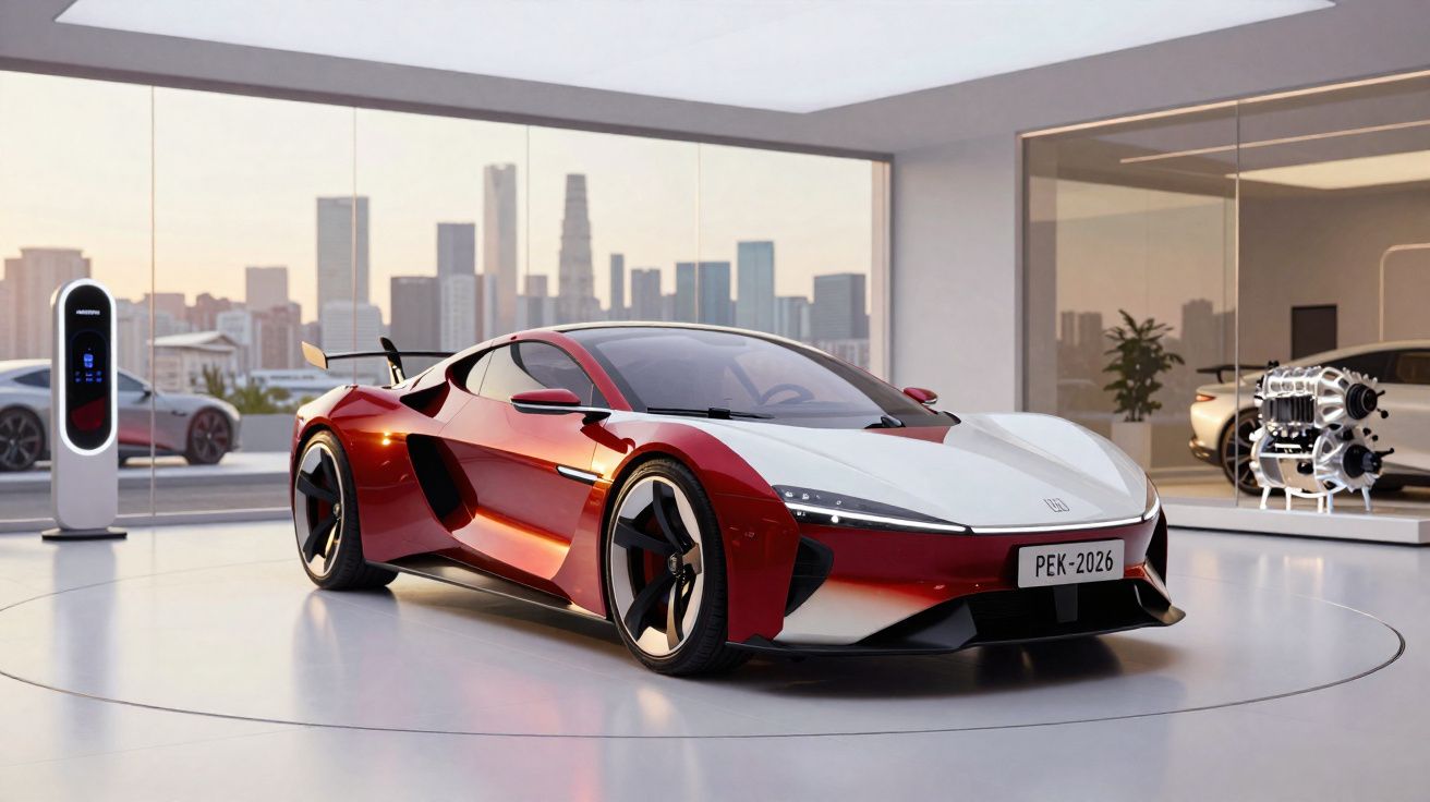 Carro esportivo elétrico vermelho e branco em exibição em showroom moderno com painel de recarga e cidade ao fundo.