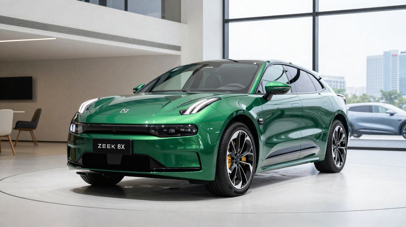 Carro elétrico verde Zeek 8X exposto em salão automotivo moderno com grandes janelas.