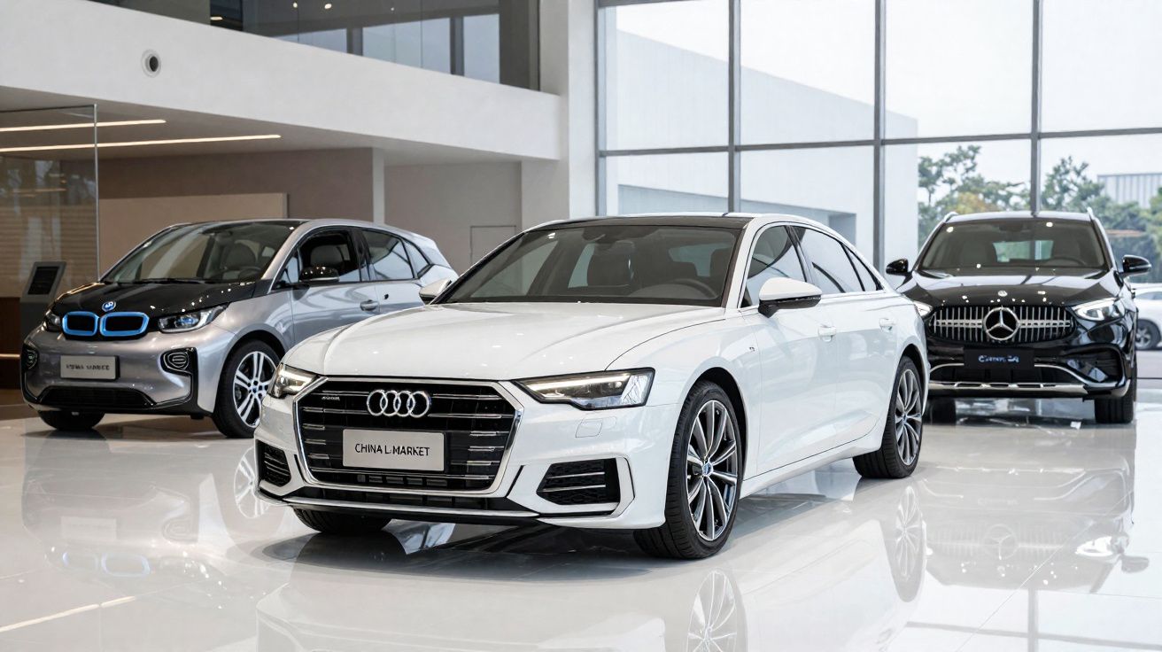 Concessionária com carros Audi branco, BMW cinza e Mercedes-Benz preto exibidos em piso branco refletivo.