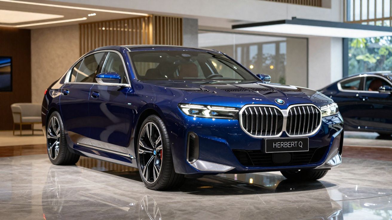 Sedã BMW azul escuro com design moderno e grade frontal grande, exibido em ambiente interno elegante.