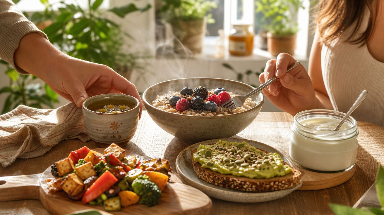 Mesa de café da manhã com mingau, chá, torrada com creme verde, iogurte e legumes assados.