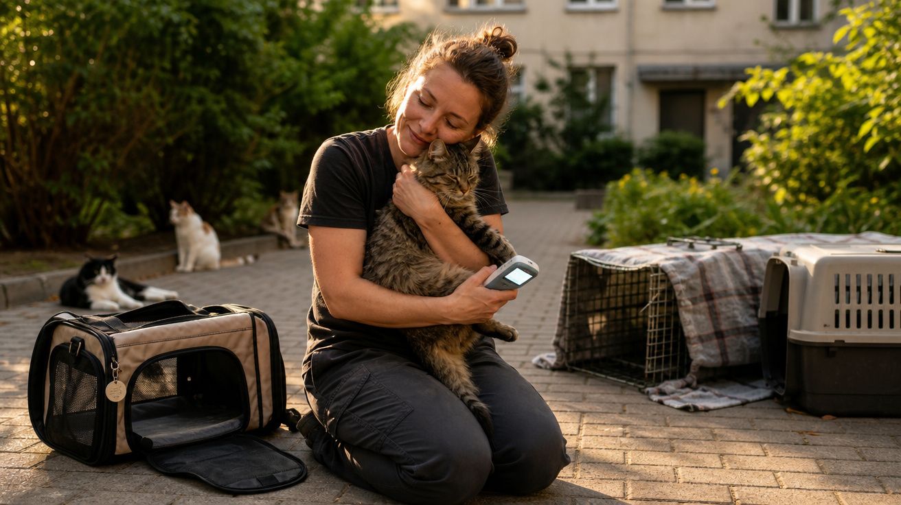 Mulher ajoelhada abraça um gato com outros gatos e caixas de transporte ao redor em área externa.
