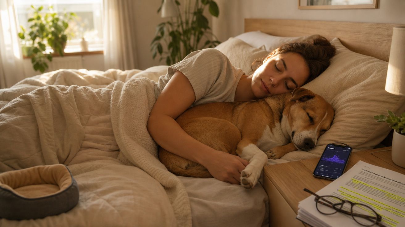 Mulher dormindo no quarto abraçada a cachorro na cama ao lado de mesa com celular, documentos e óculos.