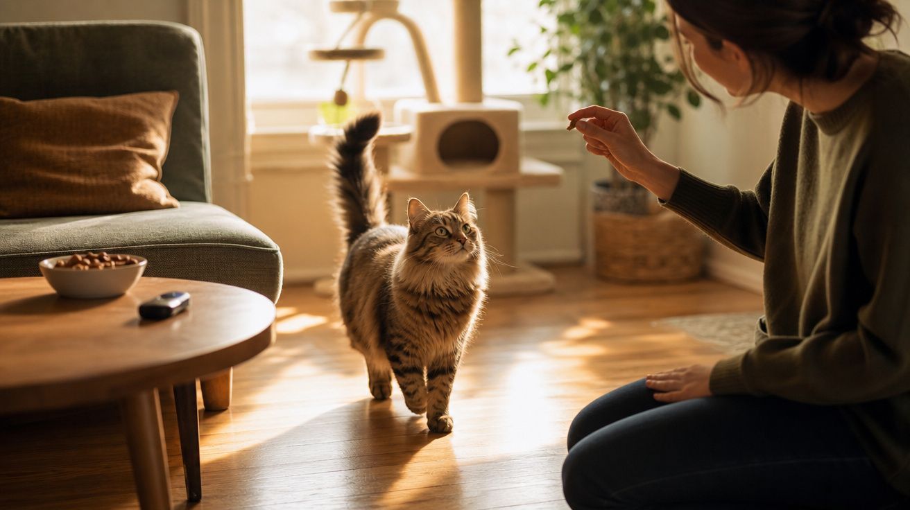 Mulher interagindo com gato doméstico em sala iluminada com móveis e plantas.