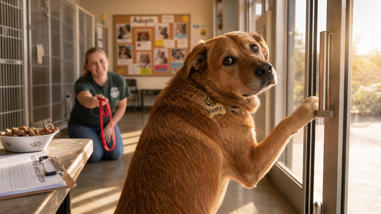 Cachorro marrom com coleira aberto porta de vidro em abrigo, mulher sorridente ajoelhada ao fundo segurando coleira vermelha.