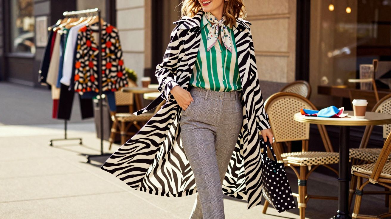 Mulher elegante caminhando na rua vestindo casaco estampado animal print e blusa verde listrada.