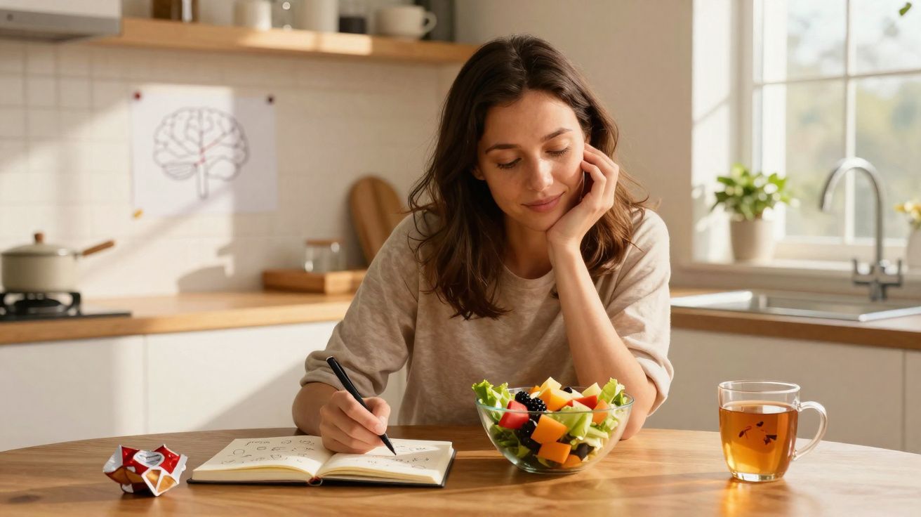Mulher sorridente escrevendo em caderno na cozinha com salada e chá sobre a mesa de madeira.