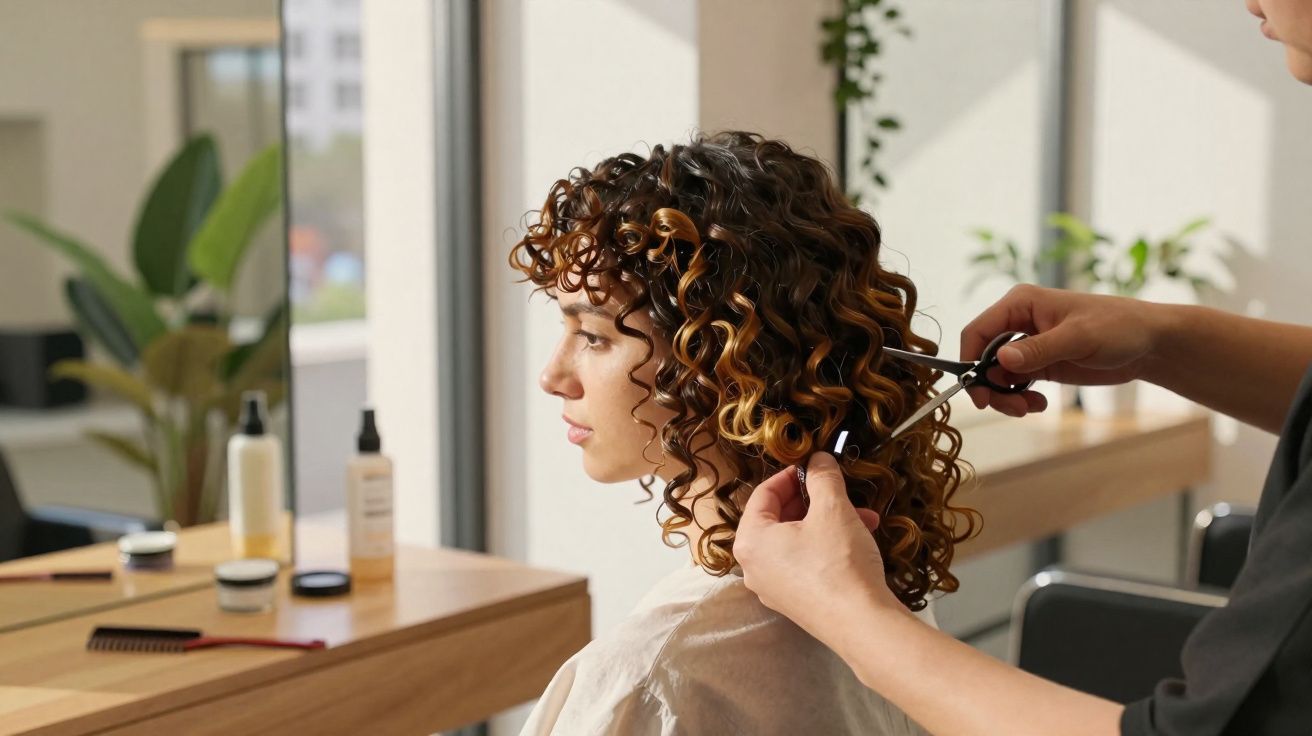 Mulher com cabelo cacheado recebe corte em salão de beleza com luz natural e plantas ao fundo.
