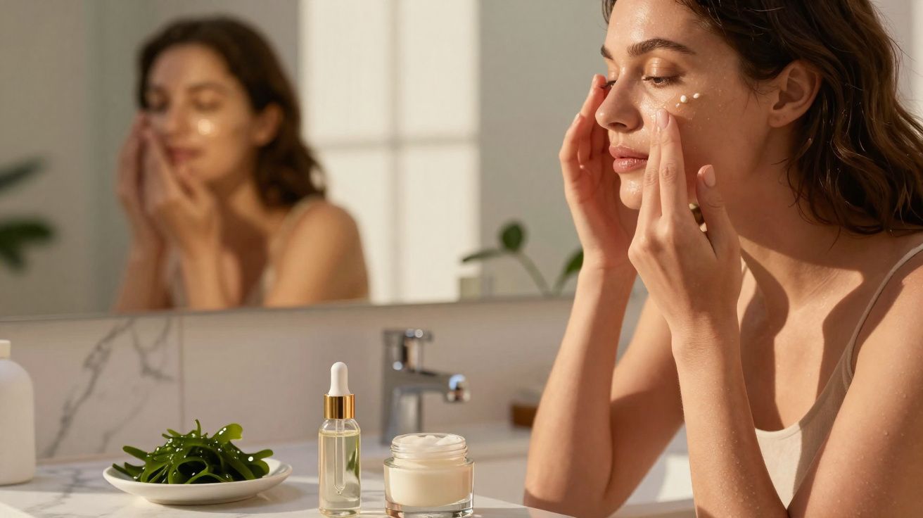 Mulher aplicando creme facial com produtos de skincare sobre bancada em banheiro iluminado.