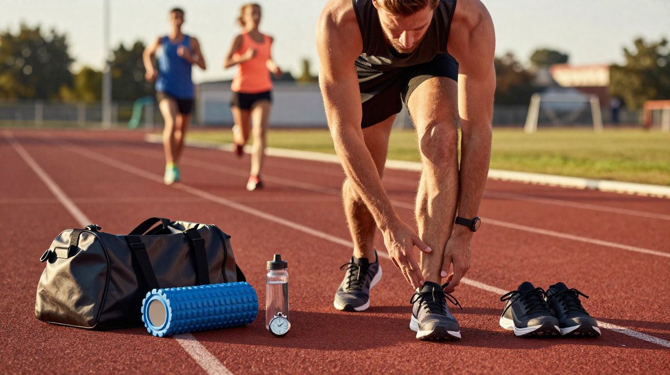 Homem amarrando tênis na pista de corrida com bolsa, rolo de massagem, garrafa de água e cronômetro ao lado.