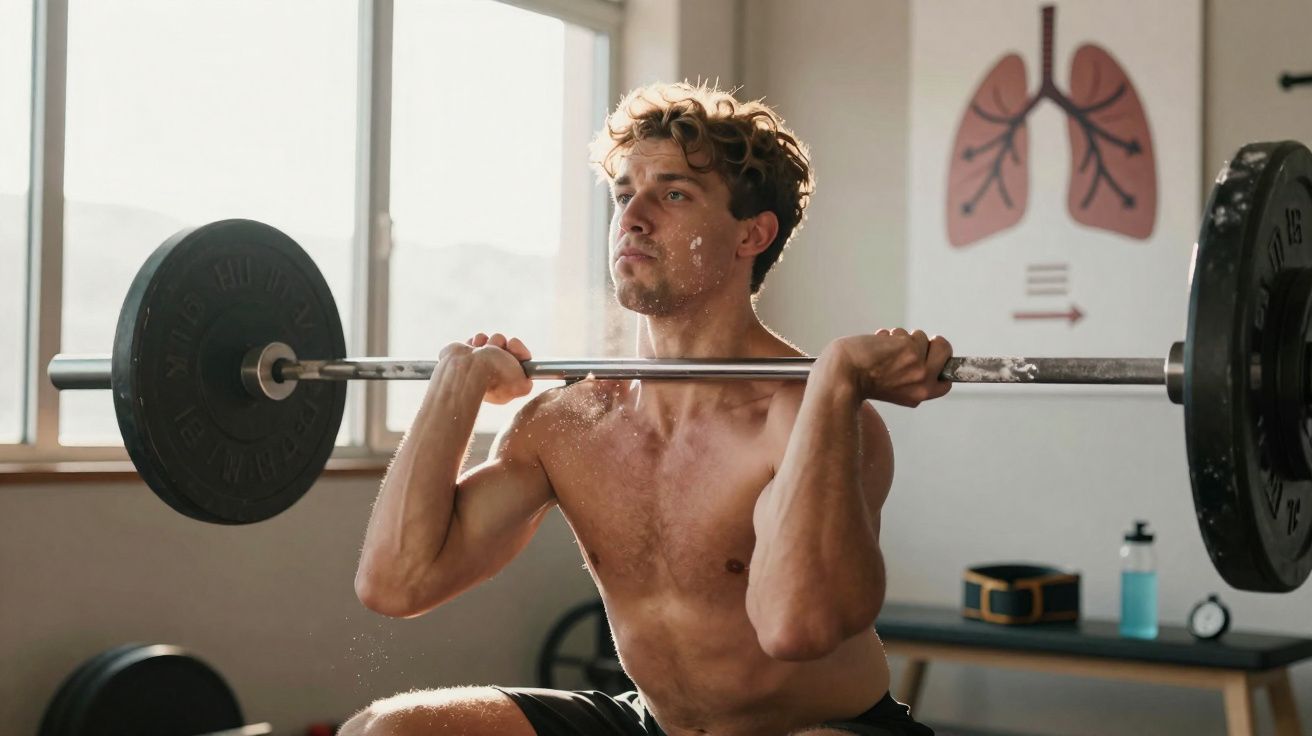 Homem musculoso sem camisa levantando barra pesada em academia com quadro de pulmões ao fundo.