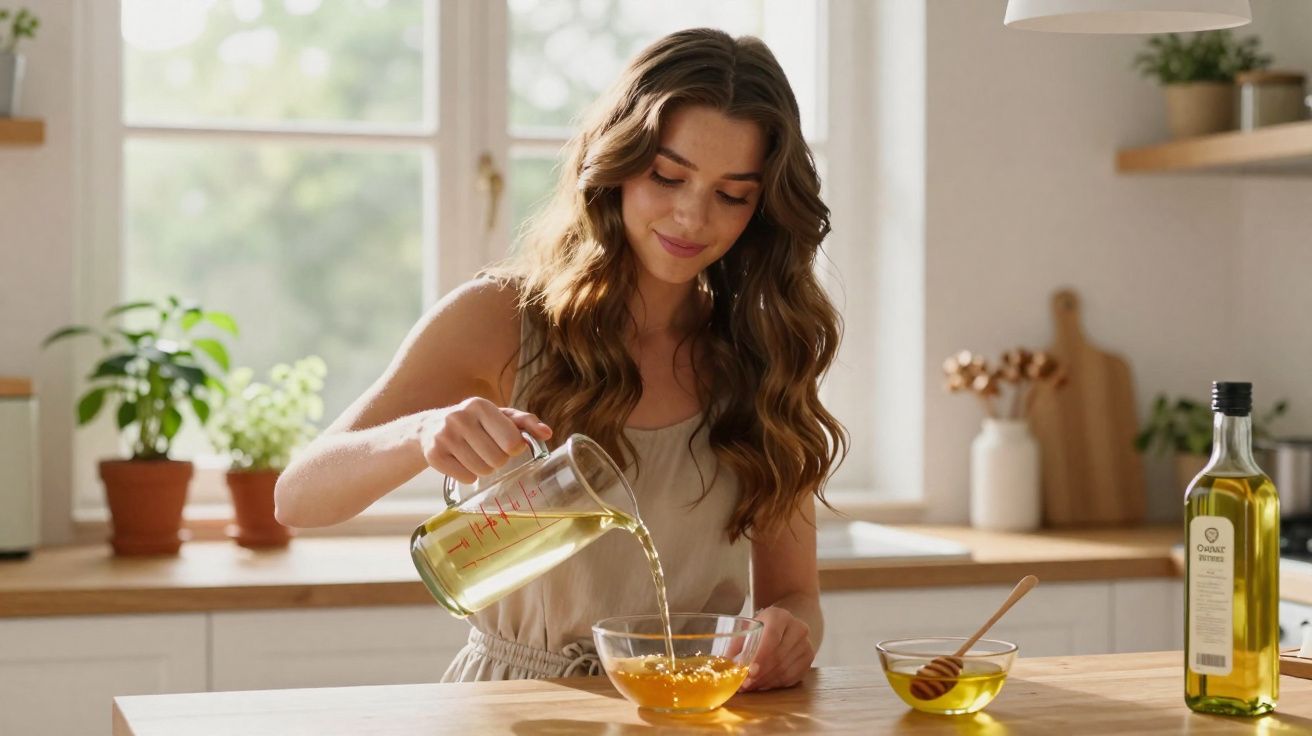 Mulher jovem na cozinha despejando líquido amarelo em tigela transparente, com pote de mel e azeite na mesa.