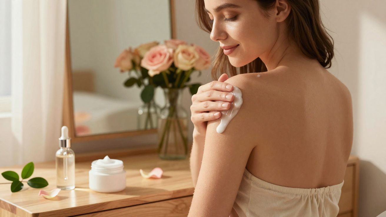Mulher aplicando creme no ombro em ambiente iluminado com flores e produtos de beleza ao fundo.