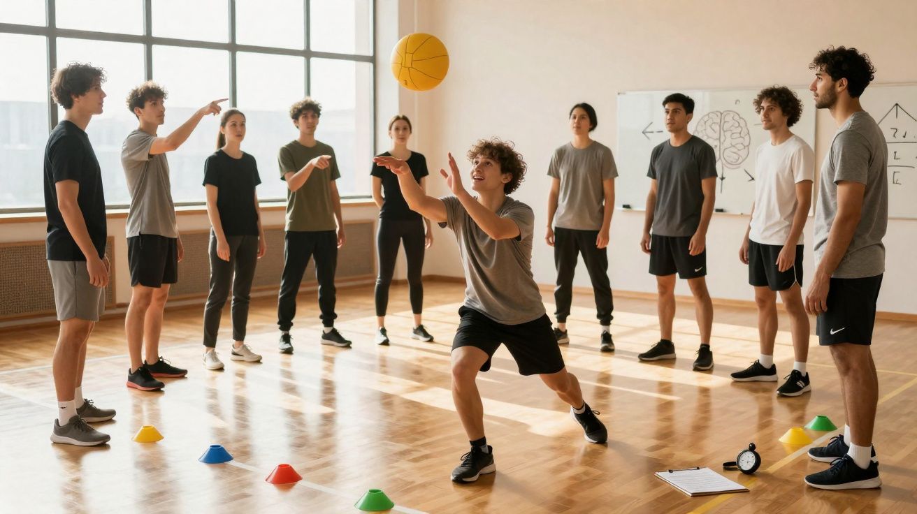 Grupo de jovens em ginásio fazendo exercício com bola laranja em atividade de equipe.