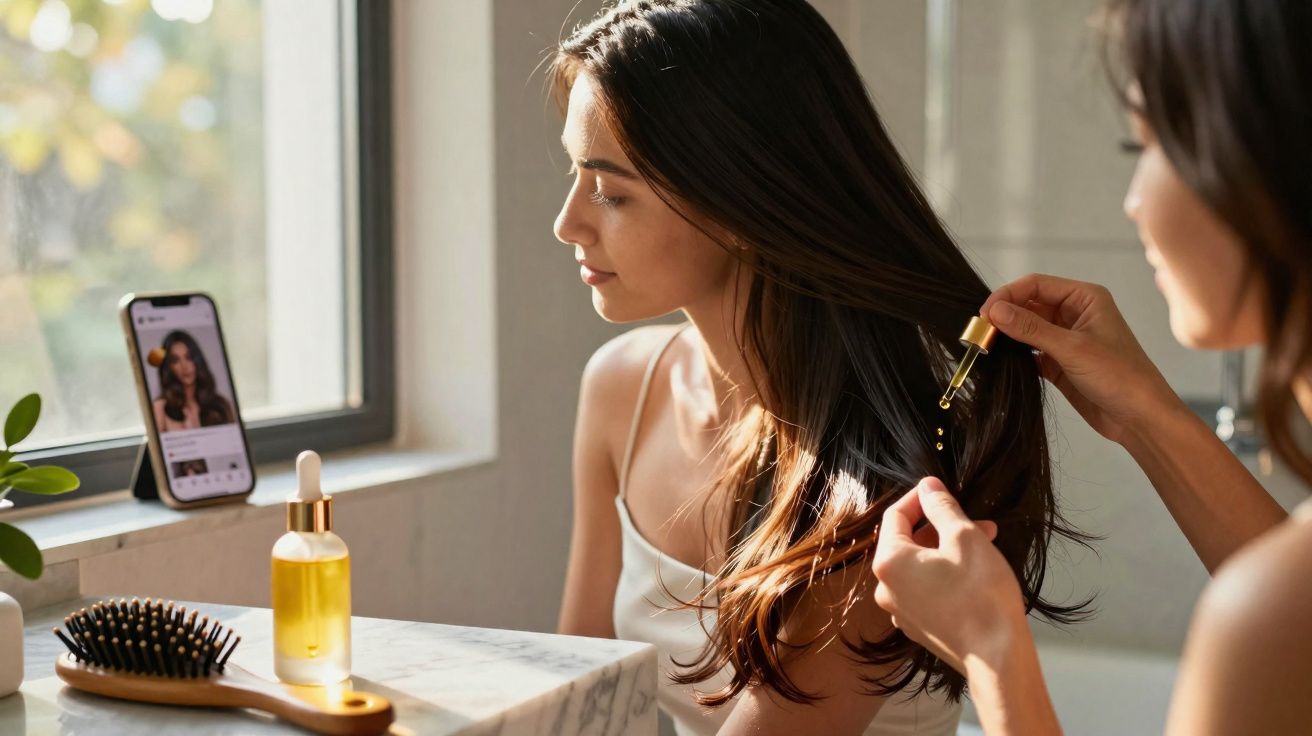 Mulher aplicando óleo capilar em cabelo longo enquanto assiste tutorial no celular junto à janela.