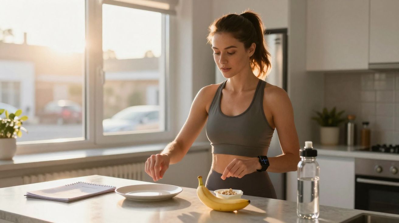 Mulher em roupa esportiva preparando lanche saudável com banana e iogurte na cozinha iluminada pelo sol.