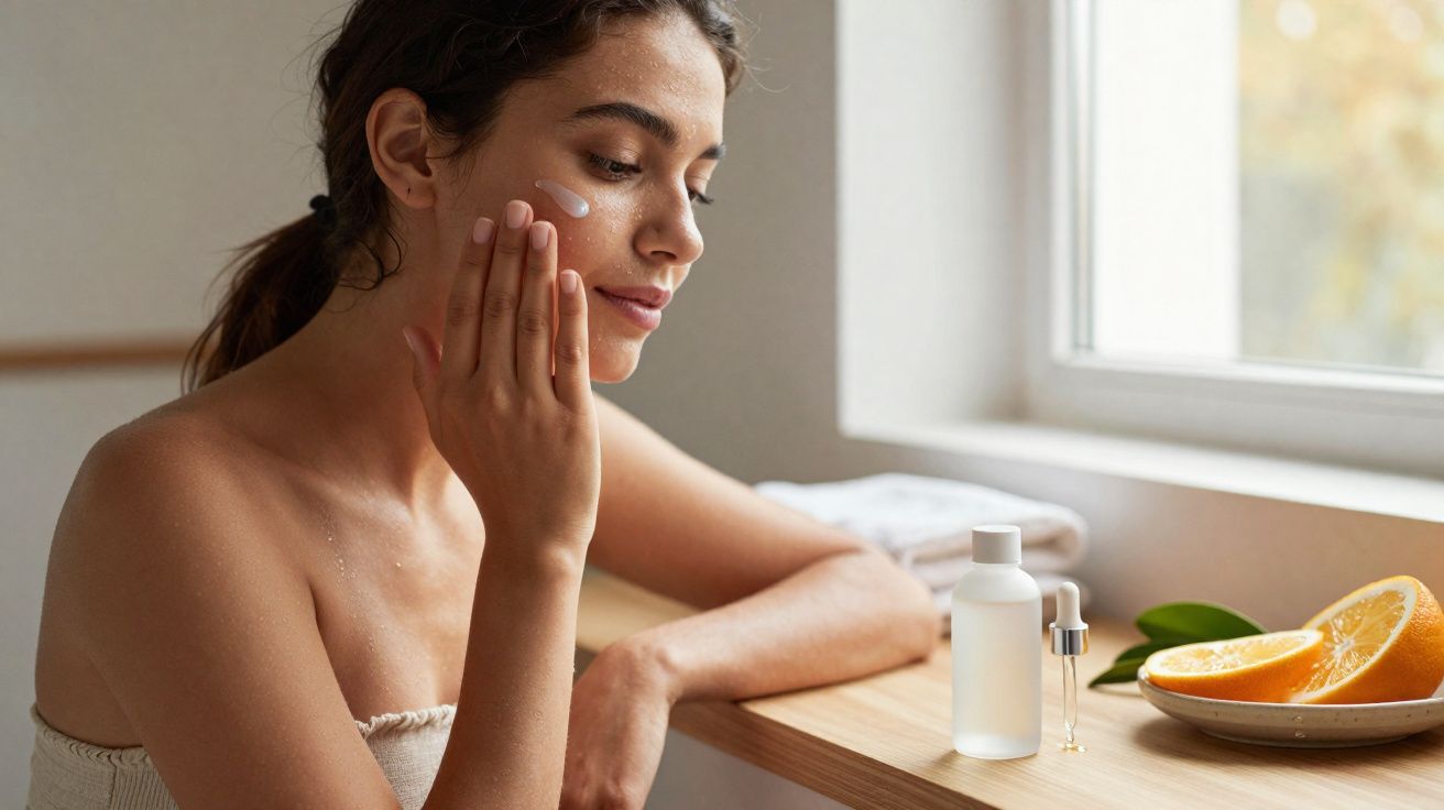 Mulher aplicando creme no rosto sentada perto de janela com laranja e frascos de skincare.
