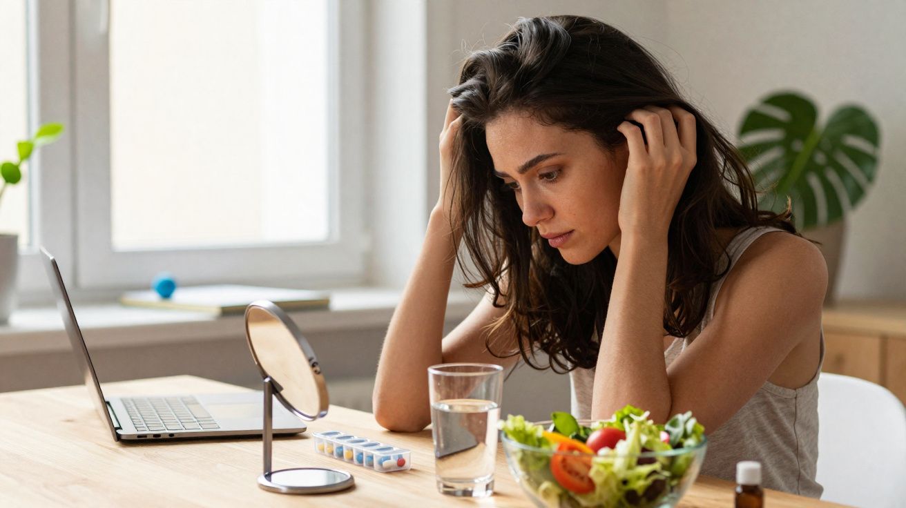 Mulher preocupada olhando para espelho com cofre de comprimidos, salada, vidro d'água e laptop na mesa.