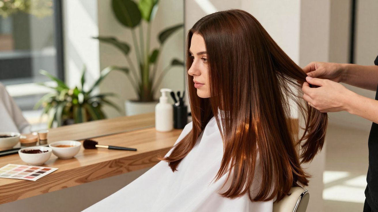 Mulher com cabelo liso sendo penteada em salão de beleza, com plantas ao fundo.