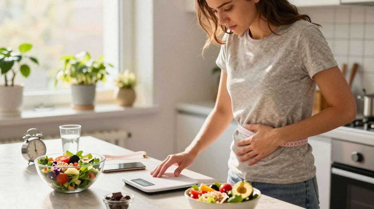 Mulher com dor abdominal medindo cintura na cozinha com alimentos saudáveis e balança.
