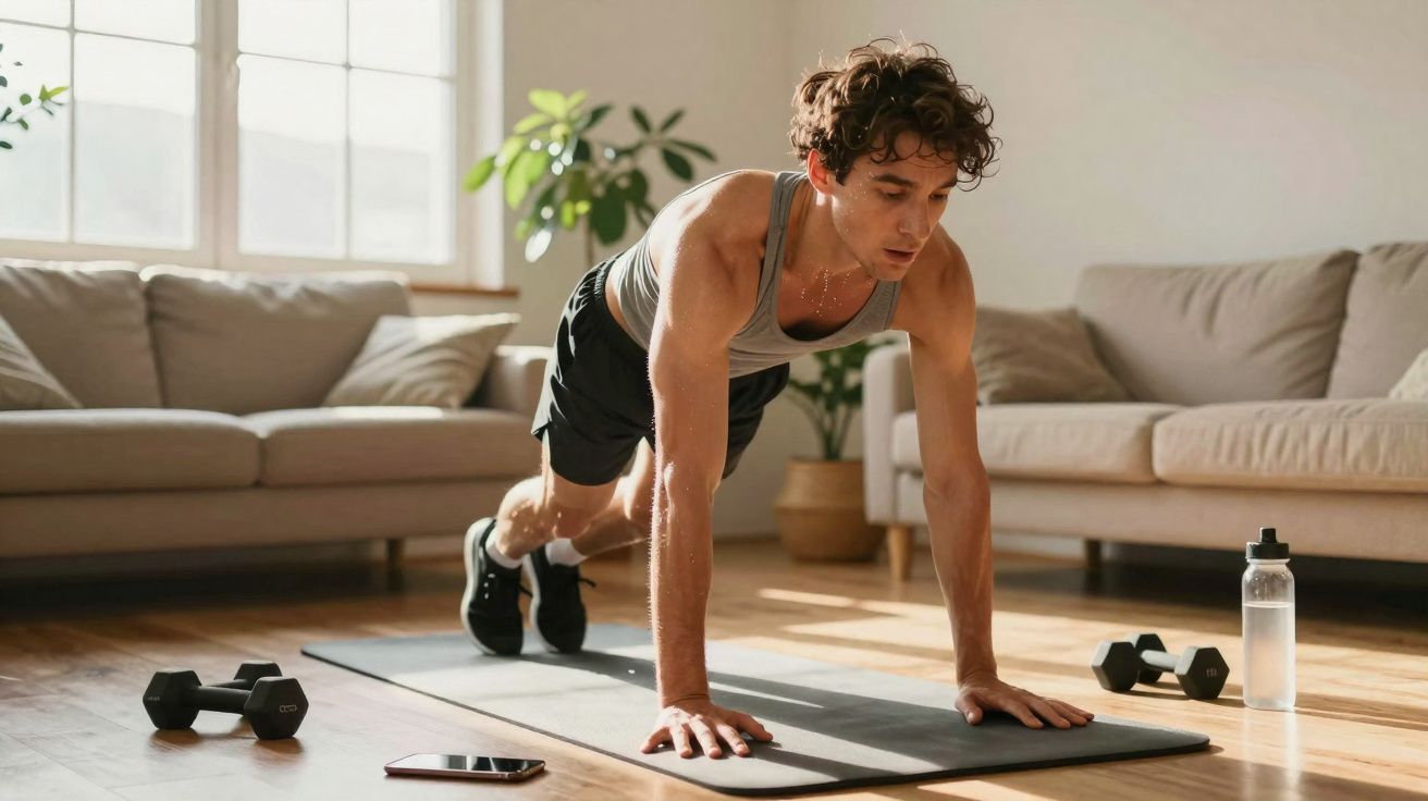 Jovem realizando exercício de prancha em tapete, com halteres e garrafa de água no chão da sala.