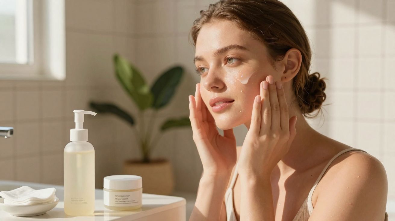 Mulher aplicando creme facial em ambiente iluminado, com produtos de cuidados na mesa ao lado.