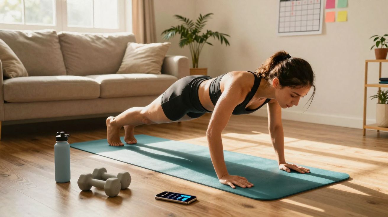 Mulher fazendo exercício prancha em tapete azul na sala, com halteres, garrafa de água e celular no chão.