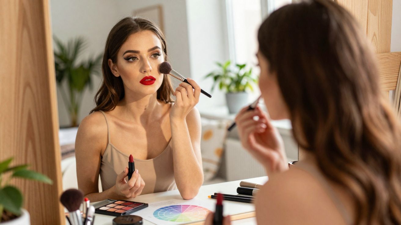 Mulher aplicando maquiagem sentada em frente a um espelho com batom vermelho e pincel de blush.