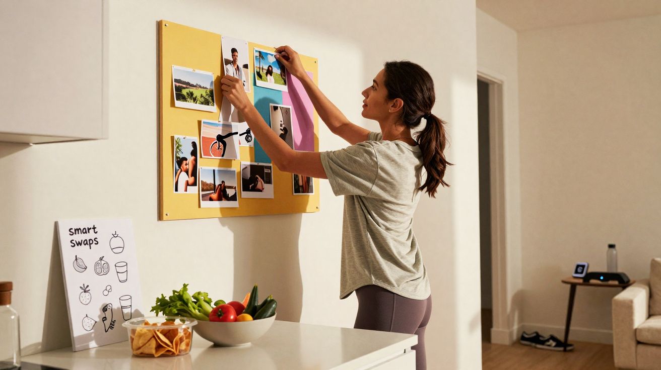 Mulher organiza fotos em mural amarelo na parede de sala com mesa e frutas à frente.