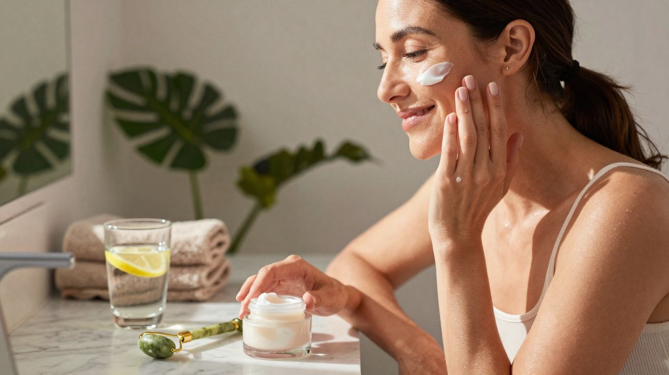 Mulher aplicando creme no rosto em banheiro iluminado, com toalhas, copo d'água com limão e pedra facial na bancada.