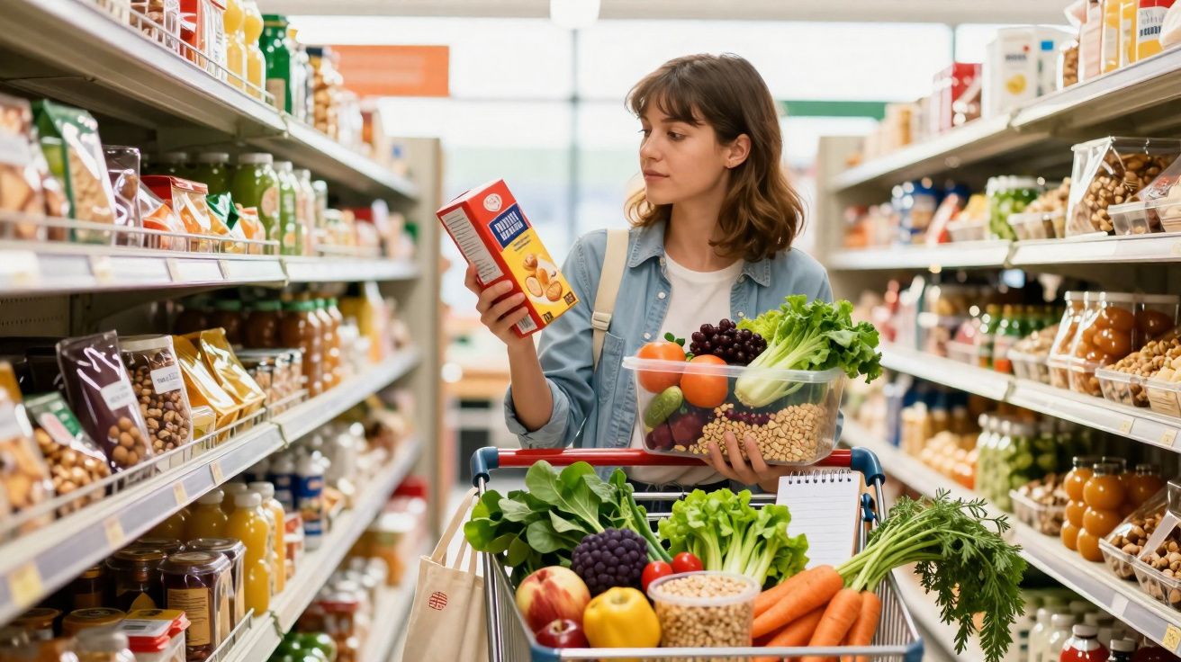 Mulher em supermercado segurando caixa de alimento e bowl com frutas e verduras ao fazer compras.