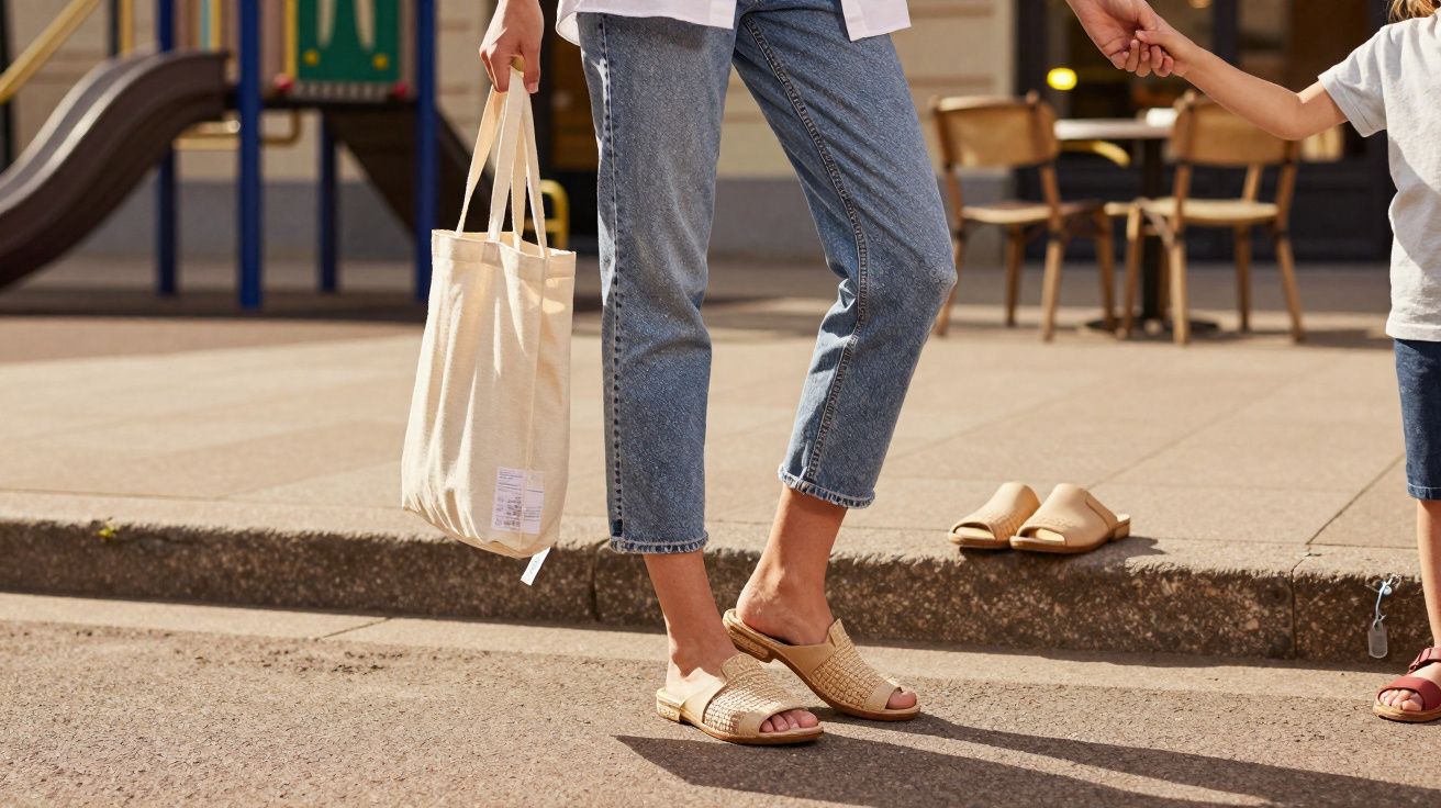 Pessoa com calça jeans e sandália carrega bolsa de tecido enquanto segura a mão de criança na rua.