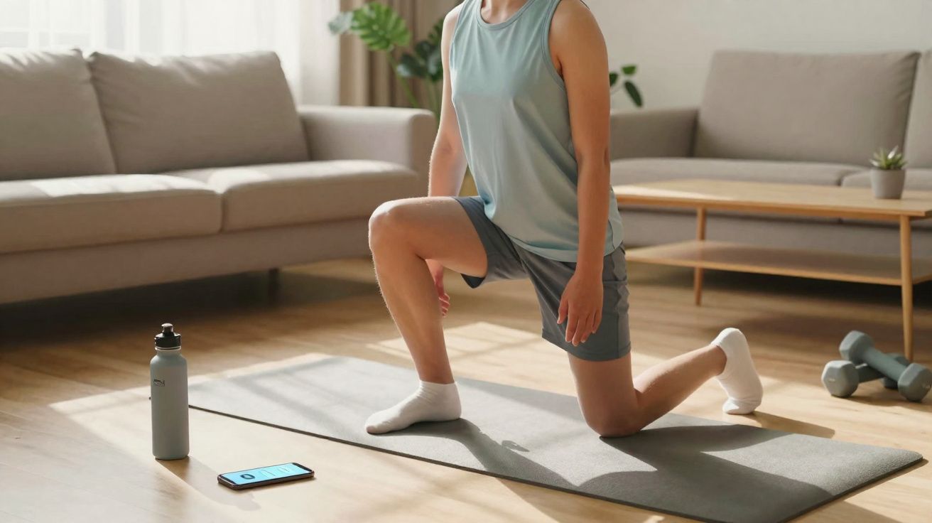 Pessoa fazendo alongamento de joelho em tapete de yoga na sala de estar, com garrafa e pesos ao lado.