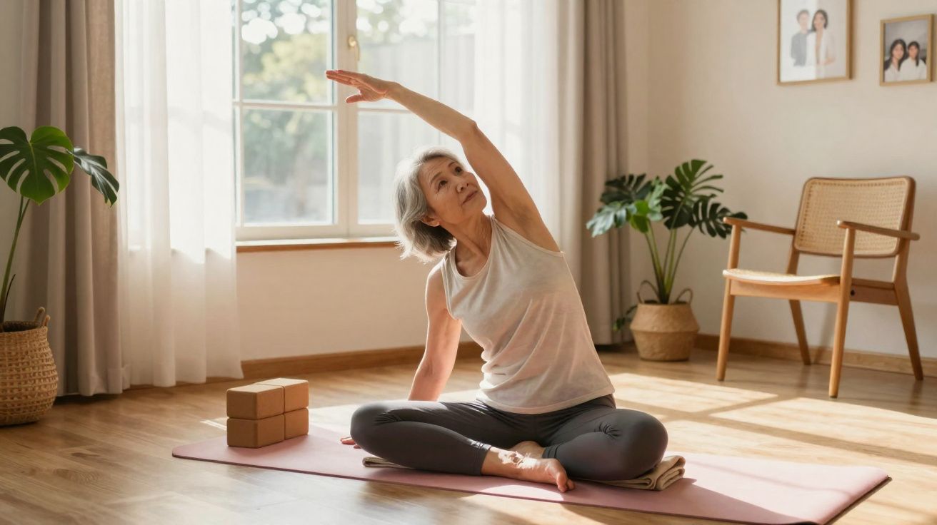 Mulher idosa fazendo alongamento sentado no tapete de yoga em ambiente iluminado e acolhedor.