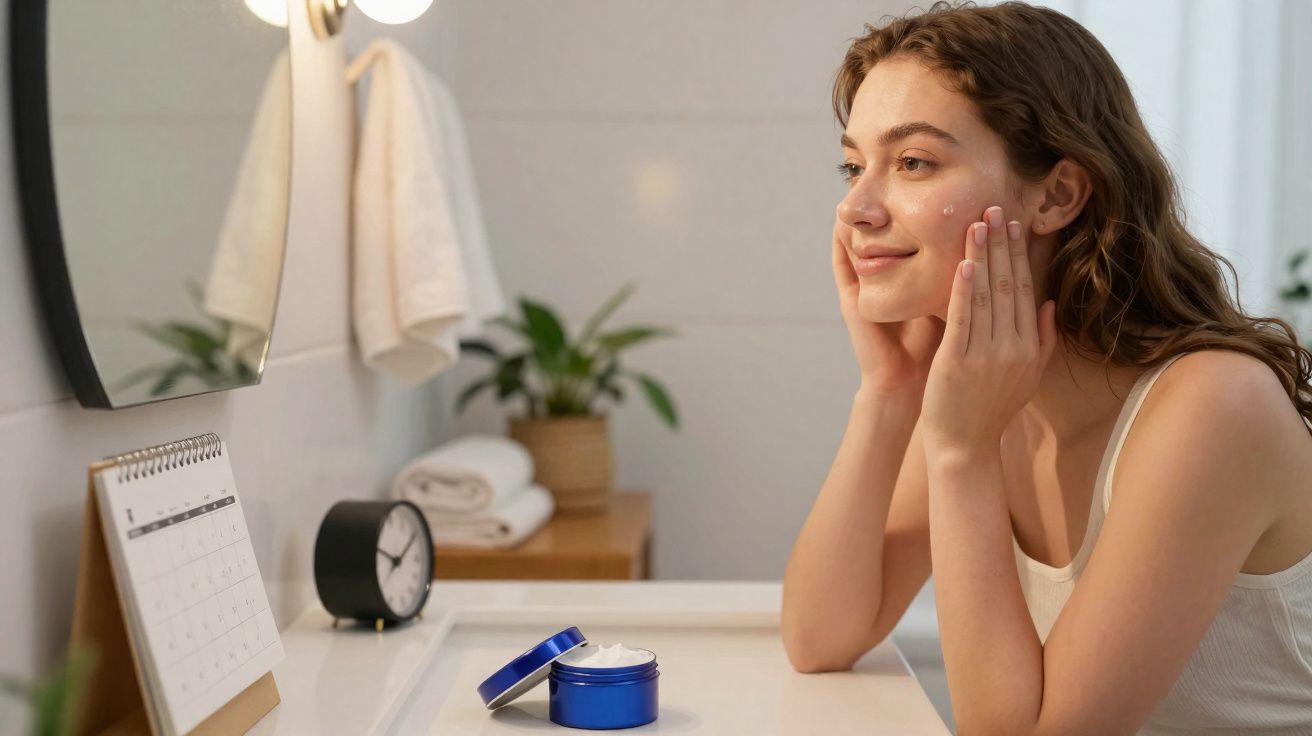 Mulher sorrindo e aplicando creme facial enquanto se olha no espelho do banheiro.