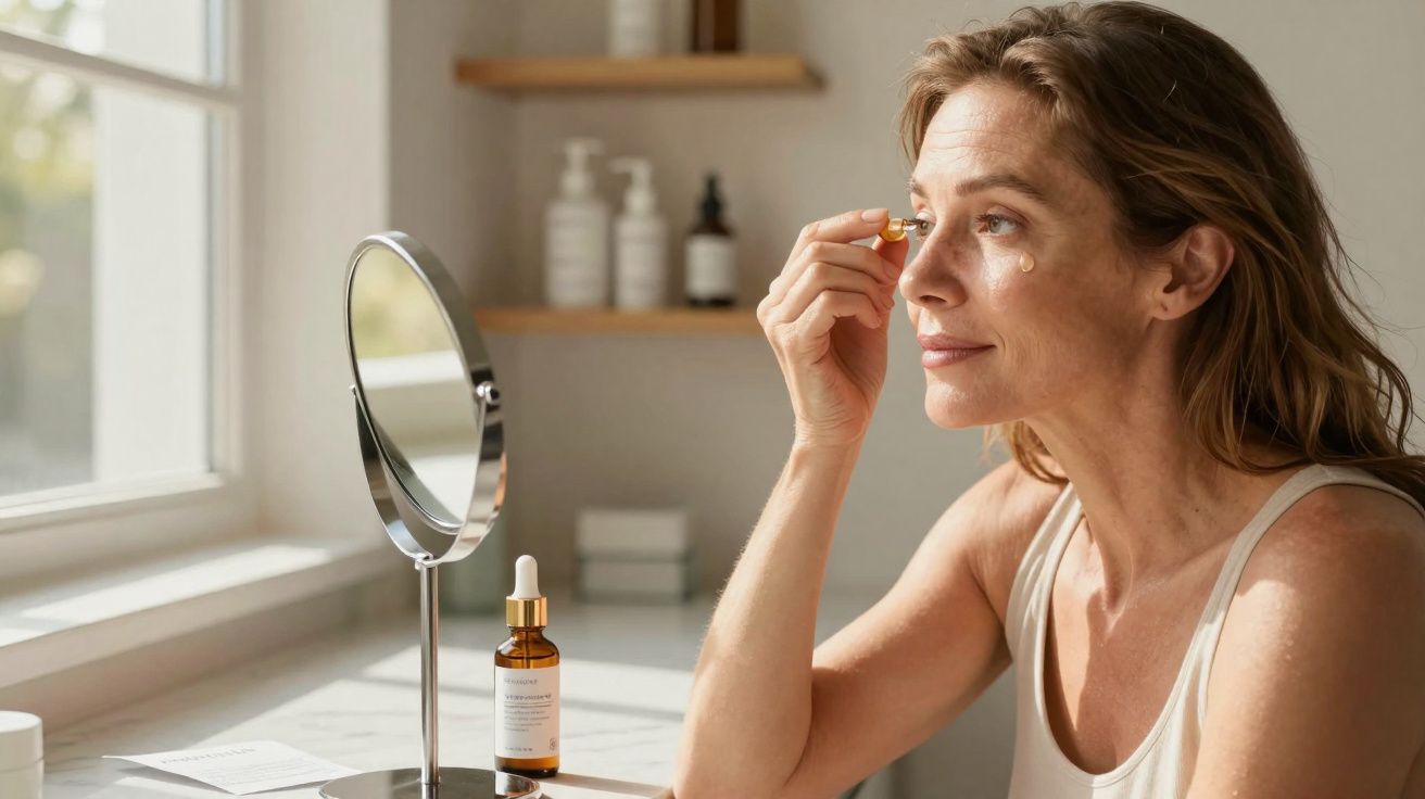 Mulher aplicando sérum facial ao redor dos olhos em frente a espelho no banheiro.