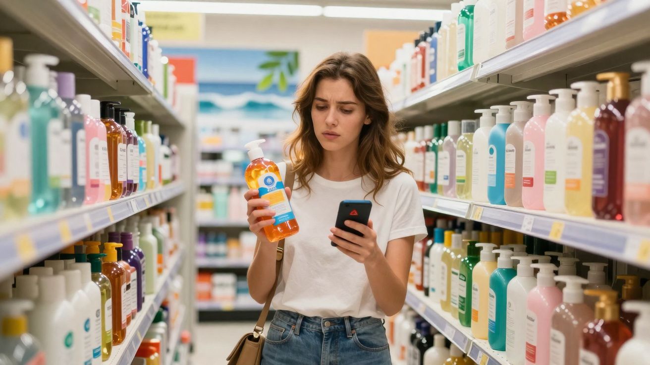 Mulher em supermercado segurando produto de higiene pessoal e olhando celular com expressão pensativa.