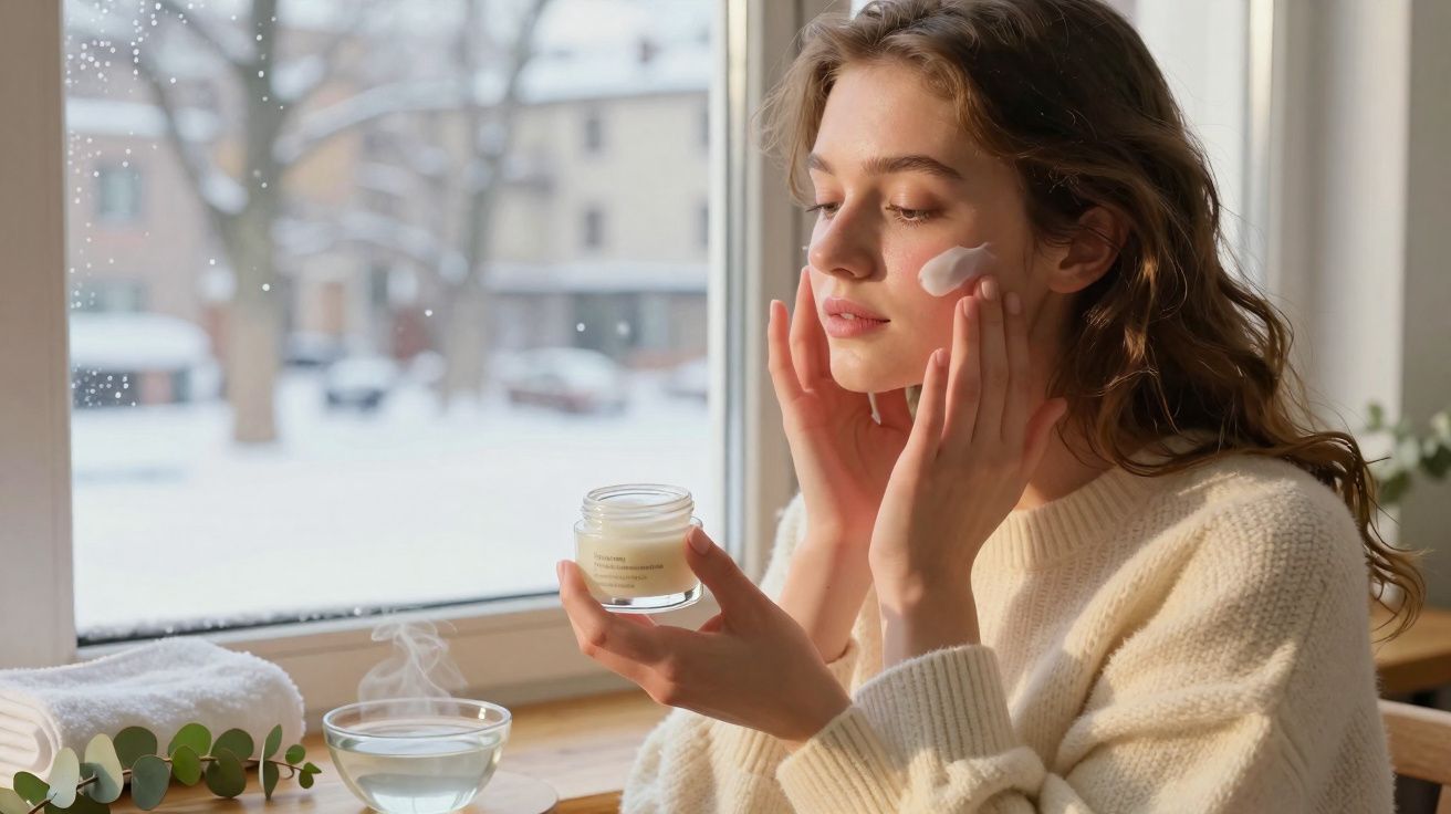 Mulher aplica creme facial próximo a janela com neve do lado de fora, com toalha e chá na mesa.