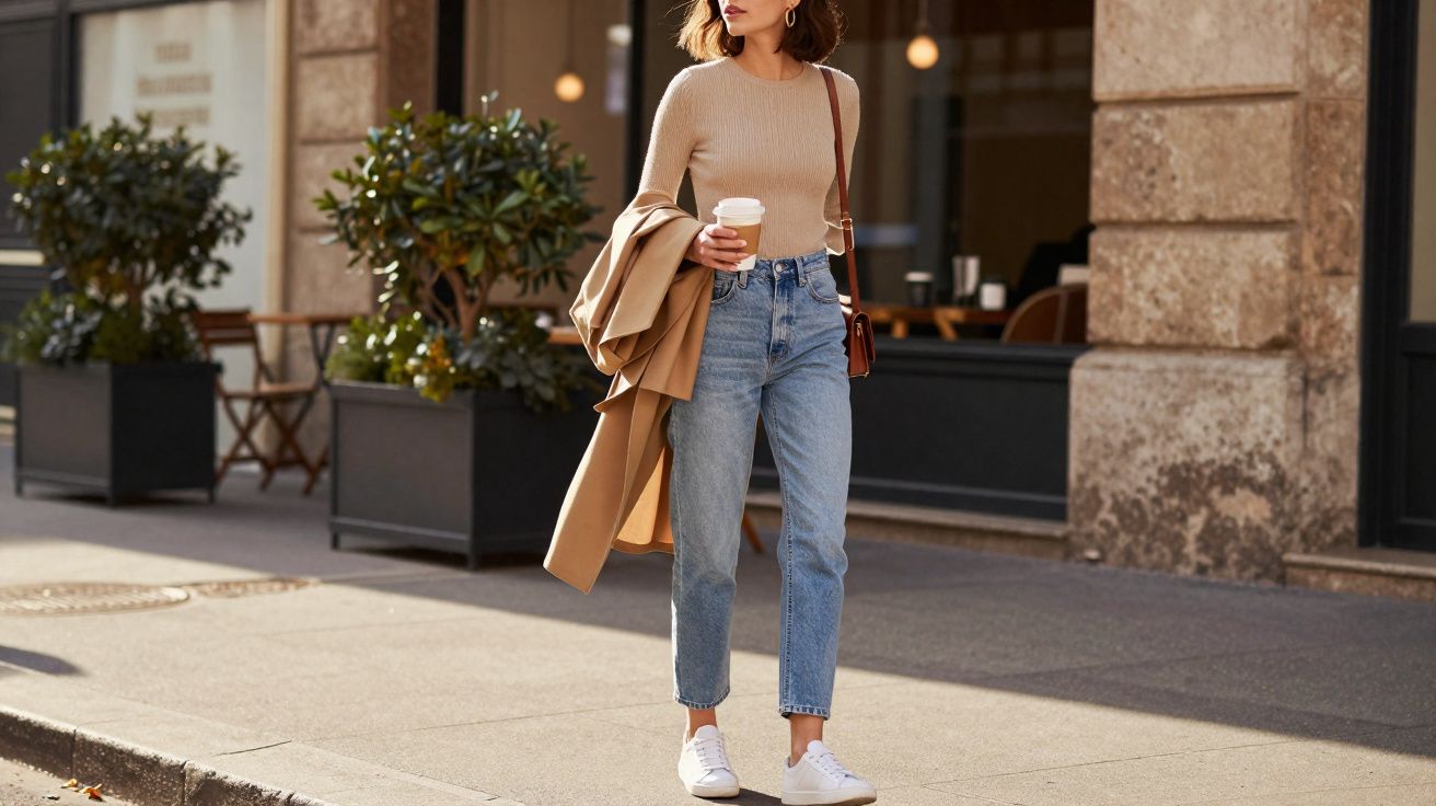 Mulher vestindo suéter bege e jeans, segurando café e casaco, caminhando em calçada urbana.