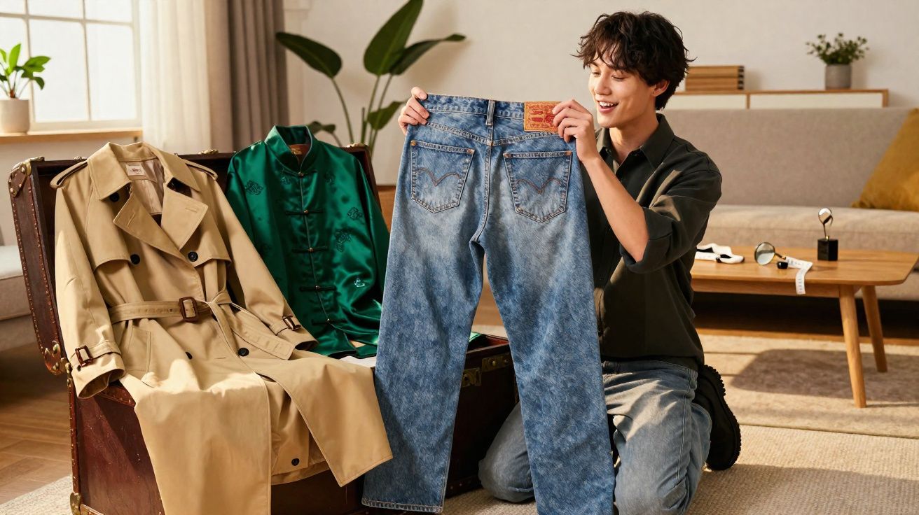 Pessoa sorridente ajoelhada segura calça jeans diante de mala com roupas em ambiente moderno e iluminado.