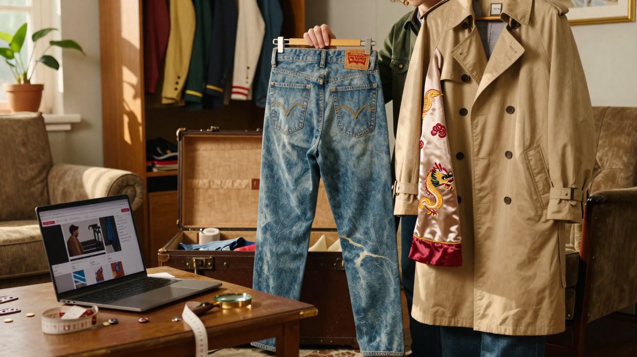 Pessoa segurando calça jeans azul e casaco bege ao lado de mala aberta, laptop e fita métrica sobre mesa.