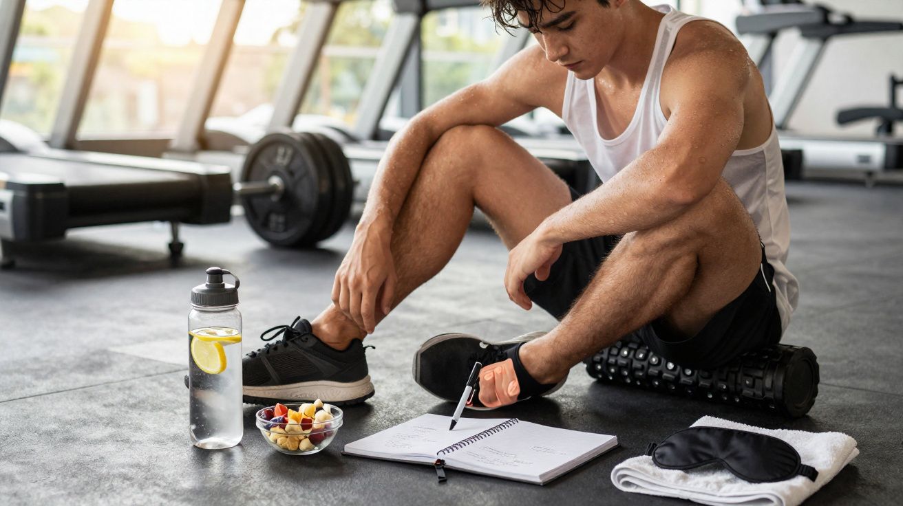 Homem sentado no chão da academia com garrafa de água, caderno, frutas e rolo de massagem.