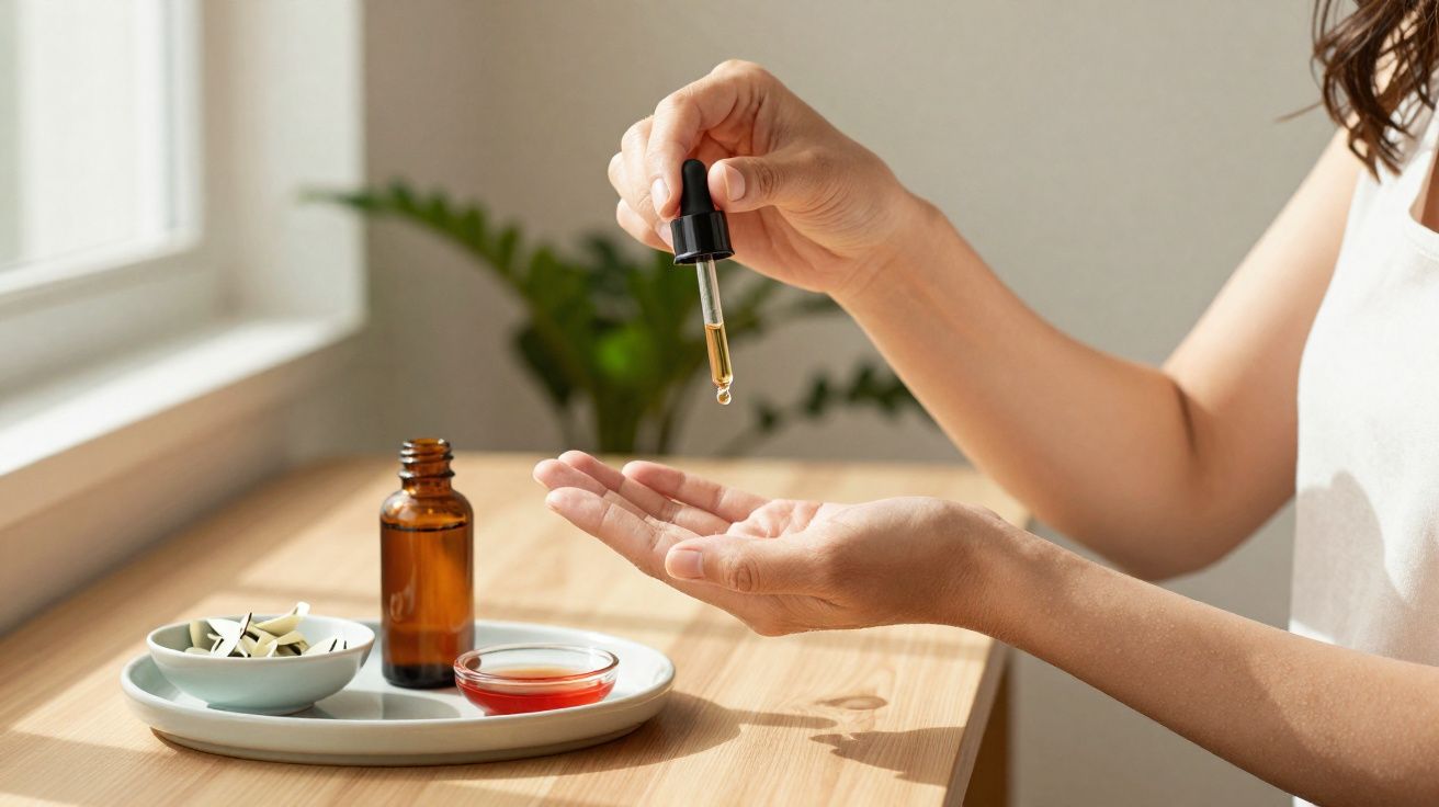 Pessoa usando conta-gotas para aplicar óleo em sua mão, ao lado de frasco âmbar e pratos com ingredientes.