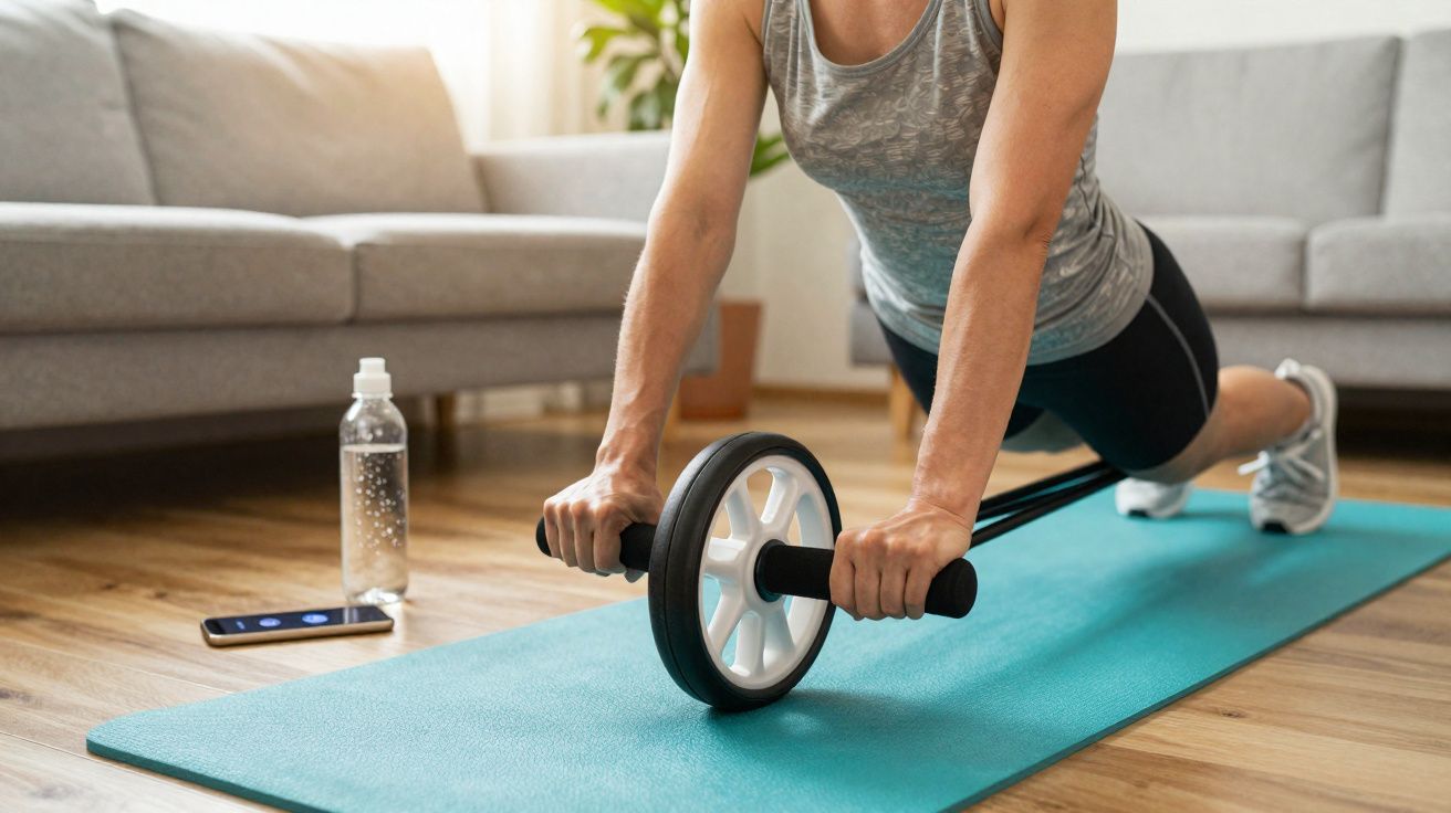 Pessoa praticando exercício com roda de abdominal em tapete azul na sala de casa.