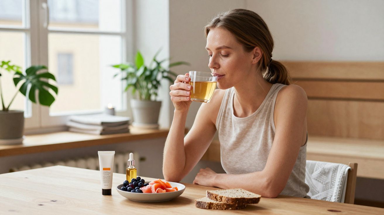 Mulher sentada à mesa bebendo chá, com frutas, pão e produtos de skincare ao lado, em ambiente claro.