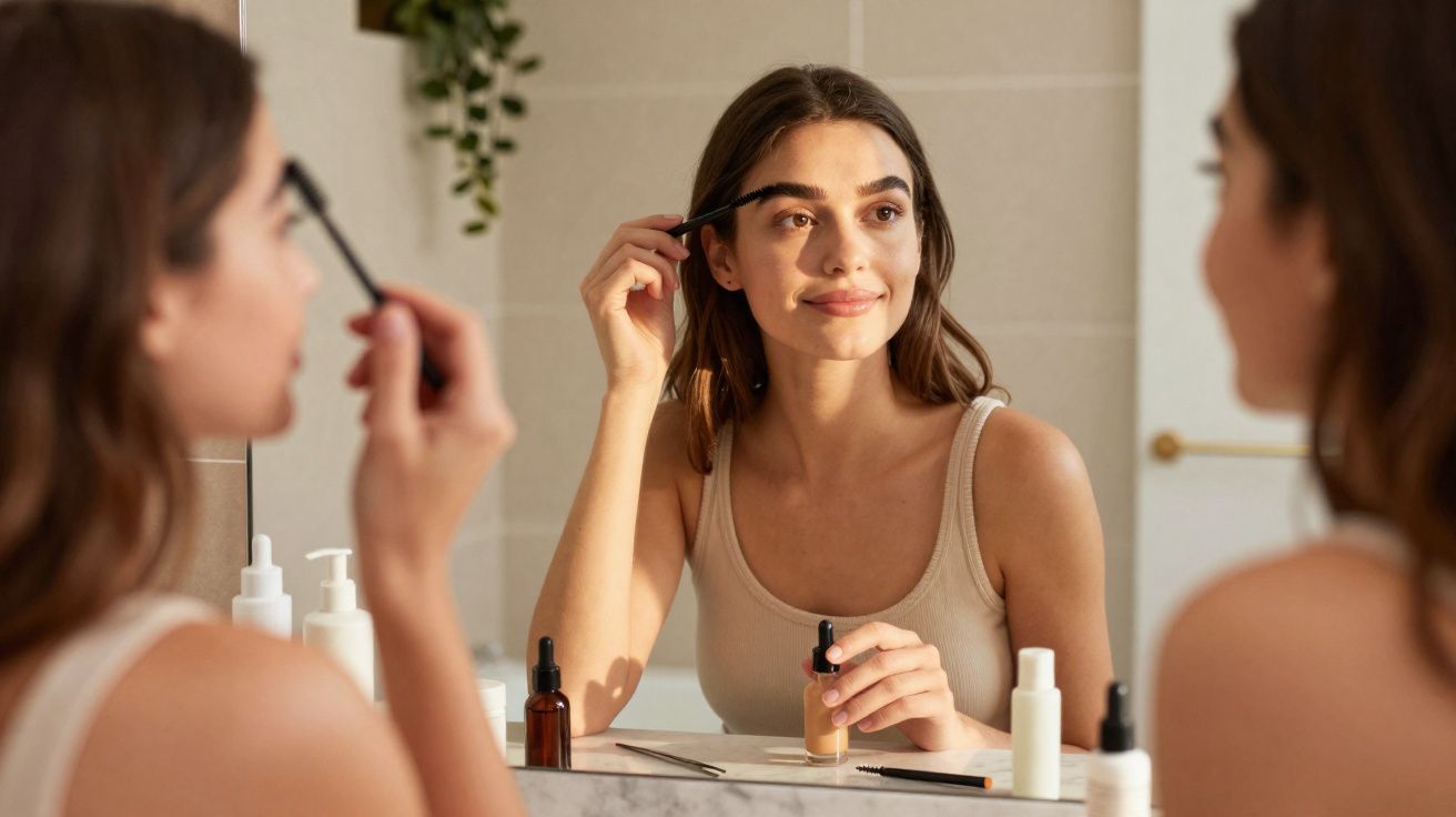 Mulher aplicando máscara de sobrancelha diante do espelho no banheiro com produtos de beleza na bancada.