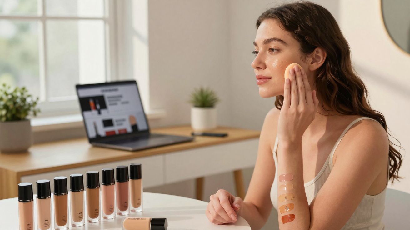 Mulher aplicando base facial, diversas cores de base à frente, laptop ao fundo em mesa.